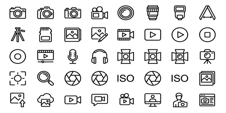 Photography and videography camera equipment line icons for media production