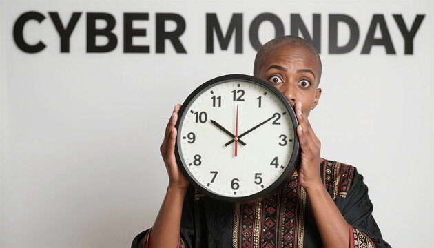 Anxious adult woman holding a wall clock with Cyber Monday text