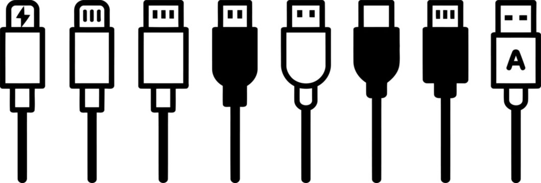 Various black and white electronic cable connector icons including lightning and usb types on a white background set.