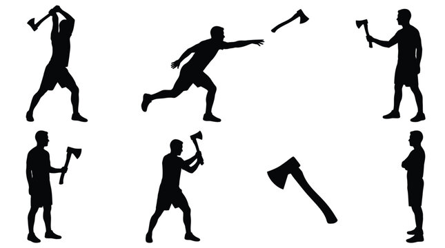 Male silhouettes throwing axes in various poses for competitive sports activity isolated on white background surface