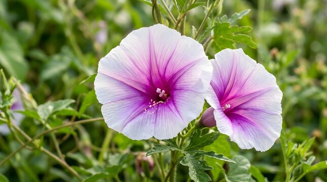 Blooming Pink and White Morning Glory Flowers in Summer Garden Close Up
