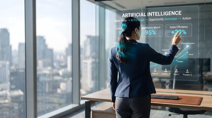 Fototapeta premium Professional business woman using augmented reality headset to analyze financial data on a glass wall in modern office
