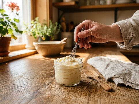 Hand Whipping Creamy Beef Tallow Balm In A Glass Bowl, Showcasing Natural Skincare Preparation.