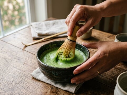 Whisking Vibrant Green Matcha Tea In A Traditional Ceramic Bowl, Creating A Frothy, Calming Beverage.