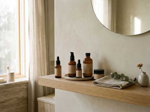 Assortment Of Skincare Bottles And Cosmetic Products Neatly Arranged On A Modern Bathroom Shelf