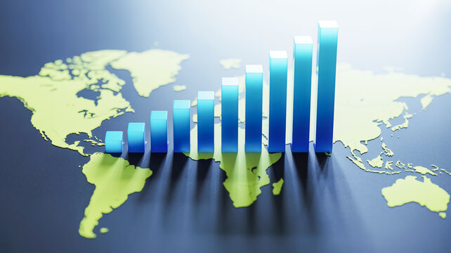 Global economic growth illustrated by a rising bar chart superimposed on a world map