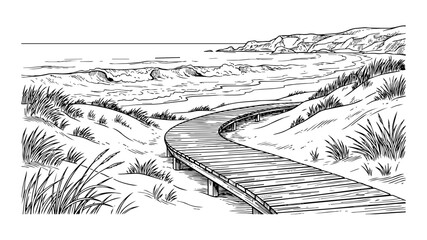 Obraz premium Hand Drawn Wooden Boardwalk Path Through Sand Dunes to the Ocean, Black and White Vector Sketch Coastline Landscape with Beach Grass and Waves