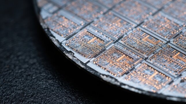 Silicon dies on wafer edge under inspection microscope with copper interconnects and TSVs for semiconductor metrology and fabrication.