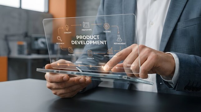 Hands holding a transparent screen displaying product development icons and workflow