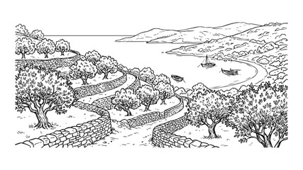 Fototapeta premium Hand Drawn Mediterranean Landscape Sketch with Olive Tree Groves, Terraced Hills, Stone Walls, and Boats in a Scenic Sea Bay