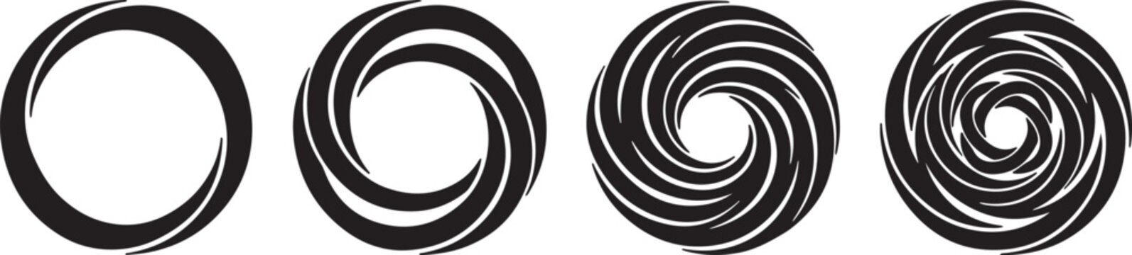 Abstract spiral vortex icons set, black circular swirl shapes, geometric round motion design elements, 4 vector logo symbols