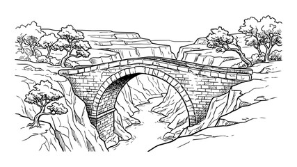 Fototapeta premium Vintage hand drawn sketch of an ancient stone arch bridge spanning a deep river canyon, black and white line art vector illustration