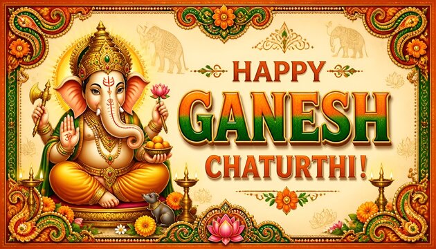 Lord Ganesha sitting on throne holding modak sweets for Happy Ganesh Chaturthi banner