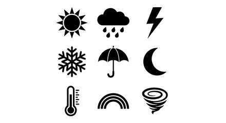Obraz premium Weather Icons Set: Sun, Rain, Snow, Moon, Thermometer, Rainbow, Storm, Lightning, Umbrella