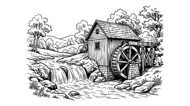 Vintage Watermill Sketch with Water Wheel and Waterfall - Hand-Drawn Rustic Landscape Engraving Illustration