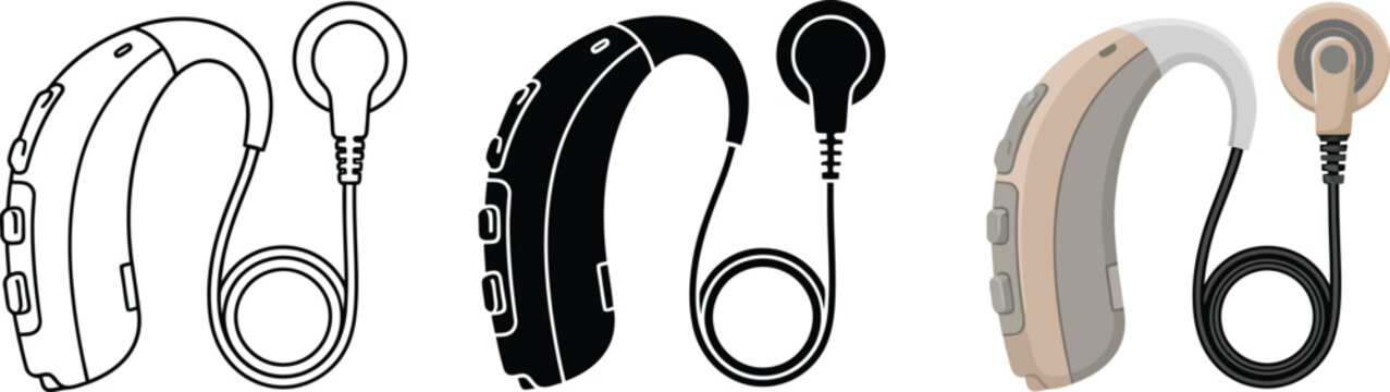 Cochlear implant hearing aid icons, medical ear device vector set, hearing loss technology in outline and flat styles