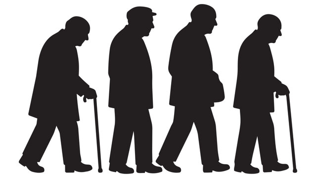 Elderly man walking with cane silhouette sequence