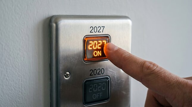 Futuristic digital timer set to 2027 with glowing display and human interaction