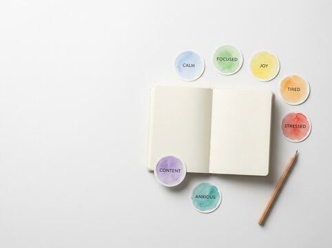 Top-down view of an open blank journal on a white background surrounded by colorful watercolor emotion stickers and a wooden pencil for mental health tracking and mood journaling.
