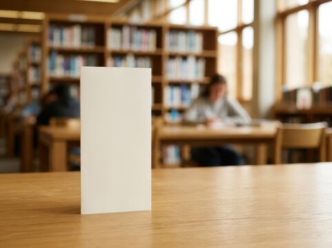 Blank white vertical paper mockup standing on a wooden library table with blurred bookshelves and a student studying in the background, ideal for educational or campus promotions.
