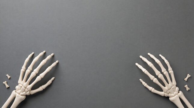 Two human skeleton hands placed on a dark grey background with copy space for text