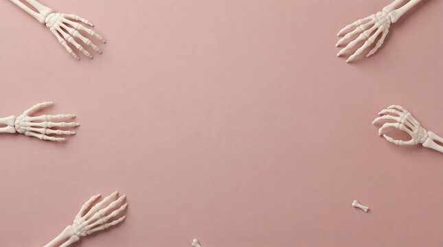 Multiple plastic skeleton hands arranged around the edges of a solid dusty pink background surface