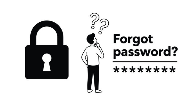Confused man looking at a locked padlock symbol for forgot password vector graphic design concept illustration