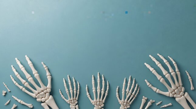 Four realistic human skeleton hands arranged against a teal background