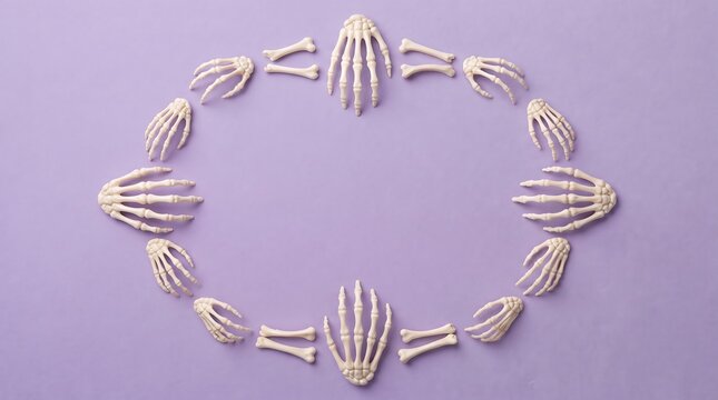 Skeleton hands arranged in a circular pattern on a pastel purple background