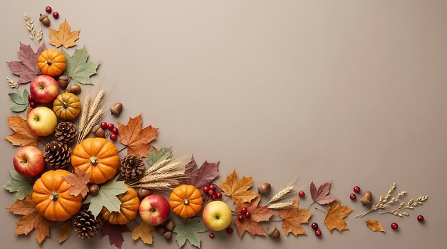 Autumn harvest corner frame with pumpkins, apples, pinecones, and fall leaves on a neutral beige background, flat lay top view with copy space