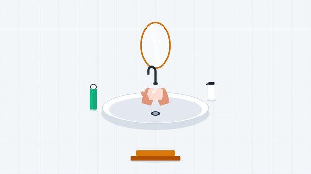 Washing Hands with Foaming Soap and Water at Sink, Personal Hygiene Routine Motion Graphics