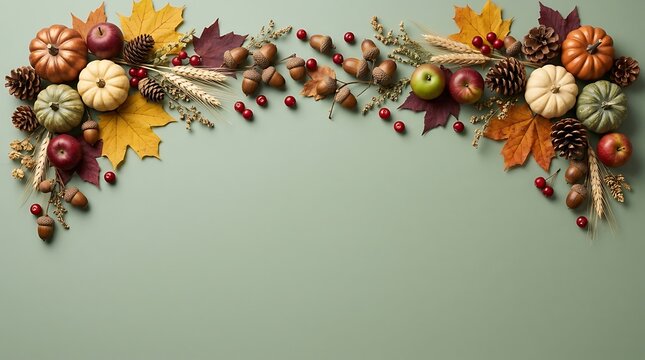 Autumn festive border with pumpkins, apples, pinecones, and leaves on a sage green background