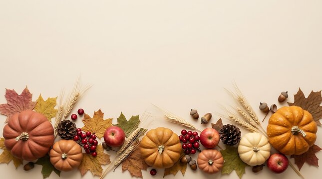 Autumn harvest bottom border with pumpkins, apples, pinecones, wheat, and fall leaves on a beige background