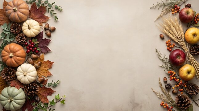 Autumn harvest border with pumpkins, maple leaves, pinecones, acorns, wheat, and apples on textured beige background