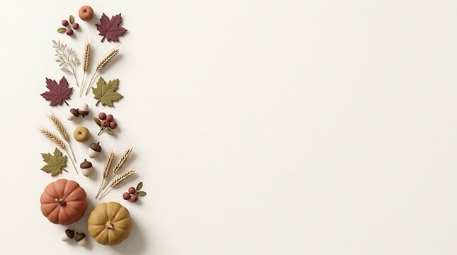 Autumn harvest composition with pumpkins, maple leaves, wheat stalks, and acorns isolated on white background