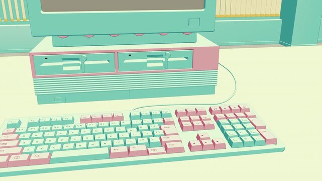 レトロPCとキーボードのアニメーション　パステルポップカラー　架空のコード表示