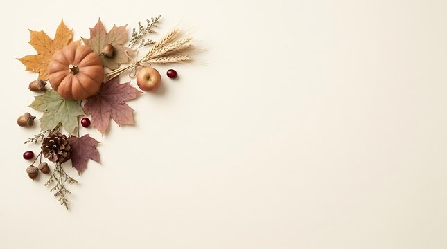 Autumn harvest corner arrangement with pumpkin, maple leaves, wheat, pinecone, and acorns isolated on white background