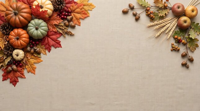 Autumn harvest border with pumpkins, colorful maple leaves, pinecones, wheat, and apples on textured beige background