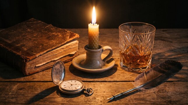 Rustic wooden desk with vintage book, lit candle, pocket watch, quill, and amber drink, evoking nostalgic atmosphere of an old writer&rsquo;s study.