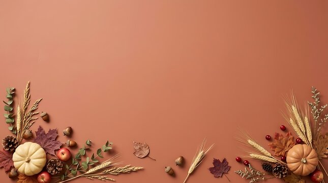 Autumn harvest composition with pumpkins, apples, pinecones, acorns, and wheat on a terracotta background