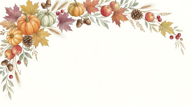 Watercolor autumn harvest corner border with pumpkins, apples, leaves, and pinecones