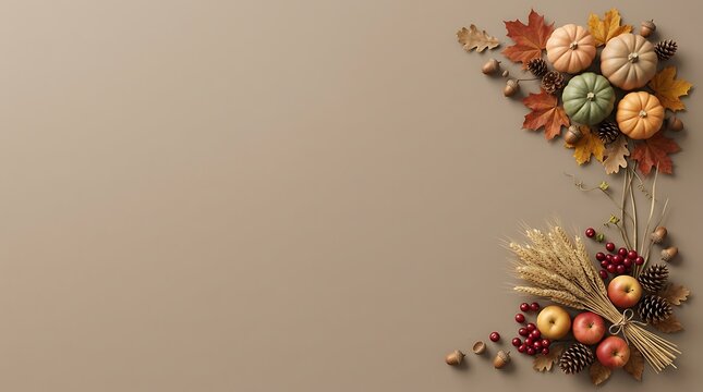 Autumn harvest composition with pumpkins, wheat, apples, pinecones, and acorns on a neutral beige background, flat lay style with copy space