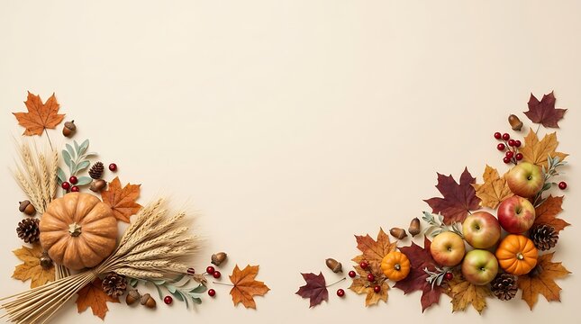 Autumn harvest corner arrangement with pumpkins, apples, wheat, and fall leaves