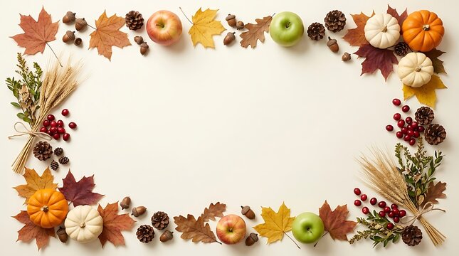 Autumn harvest border frame with pumpkins, apples, pinecones, wheat, and fall leaves isolated on white background