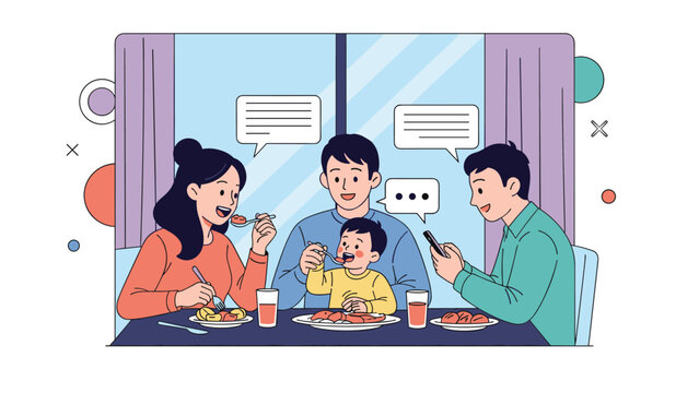Family having dinner together at a table while one member is distracted by using his smartphone instead of talking.