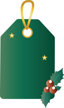 A blank green Christmas price tag decorated with golden stars, a shiny hanging loop, and festive holly leaves with red berries.