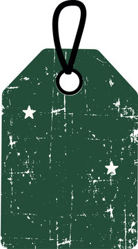 A blank dark green price tag features a distressed grunge texture, white star accents, and a black hanging loop for a vintage promotional design.