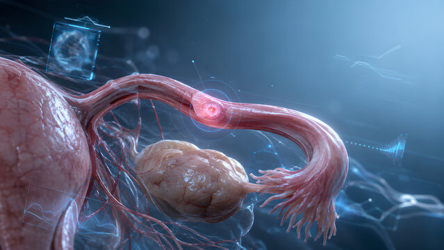 Fallopian tube blockage with uterus and ovary in futuristic healthcare technology visualization, photorealistic medical anatomy for fertility treatment planning, radiology, education and patient care