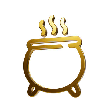A golden 3d of a steaming witch cauldron, featuring a metallic finish on a black background, 3d magic