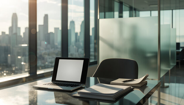 Modern Office Interior with Desk, Computer Monitor, Laptop, Keyboard and Ergonomic Chair in a Contemporary Business Workspace
